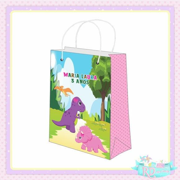 Sacolinha Personalizada Dinossauro Rosa Cute