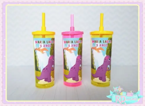 Copo Long Drink com Tampa Dinossauro Rosa Cute