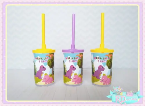 Copo Short Drink com Tampa Dinossauro Rosa Cute