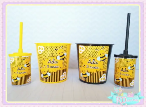 Kit Baldinho e Copo Short Drink Abelhinha