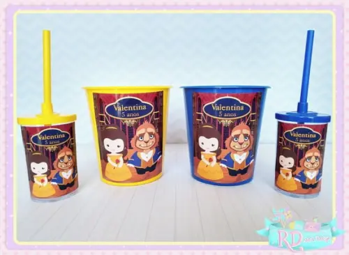 Kit Baldinho e Copo Short Drink A Bela e a Fera Cute