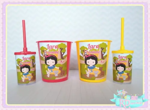 Kit Baldinho e Copo Short Drink Branca de Neve Cute