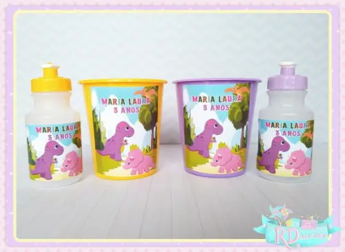 Kit Baldinho e Squeeze Dinossauro Rosa Cute
