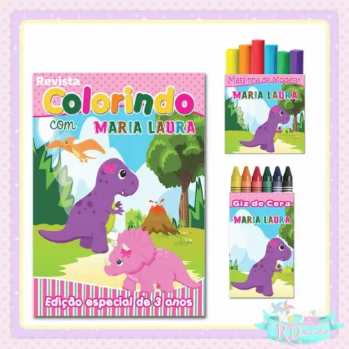 Kit Colorir com Massinha Dinossauro Rosa Cute