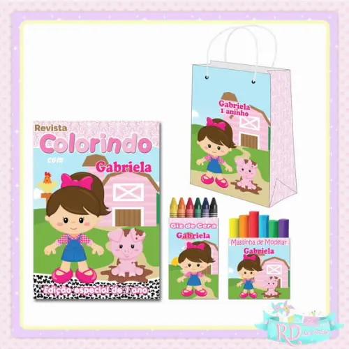 Kit Colorir com Massinha e Sacolinha Fazendinha Rosa