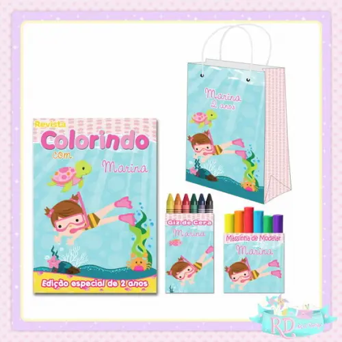 Kit Colorir com massinha e Sacolinha Fundo do Mar Rosa