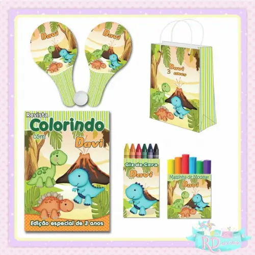 Kit Colorir com Massinha Sacolinha e Raquete Dinossauro Cute