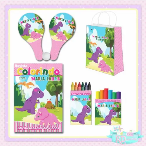 Kit Colorir com Massinha Sacolinha e Raquete Dinossauro Rosa