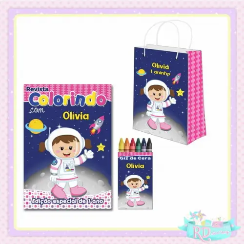 Kit Colorir com Sacolinha Astronauta Rosa