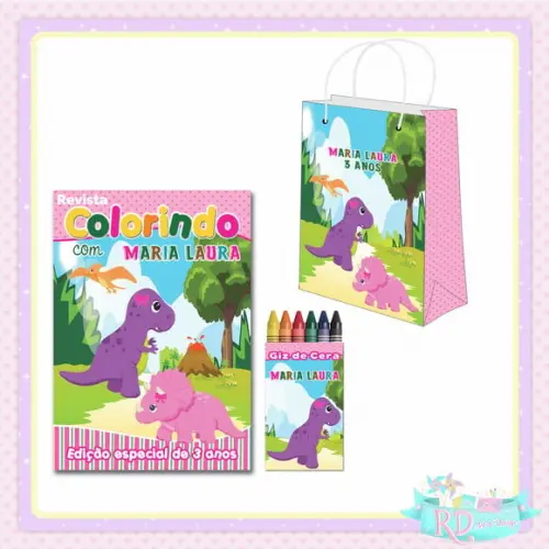 Kit Colorir com Sacolinha Dinossauro Rosa Cute
