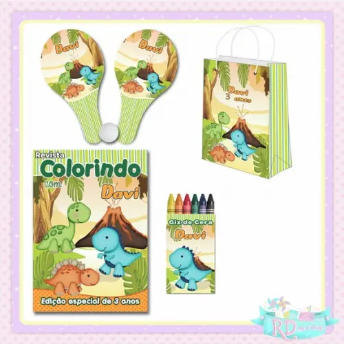 Kit Colorir com Sacolinha e Raquete Dinossauro Cute