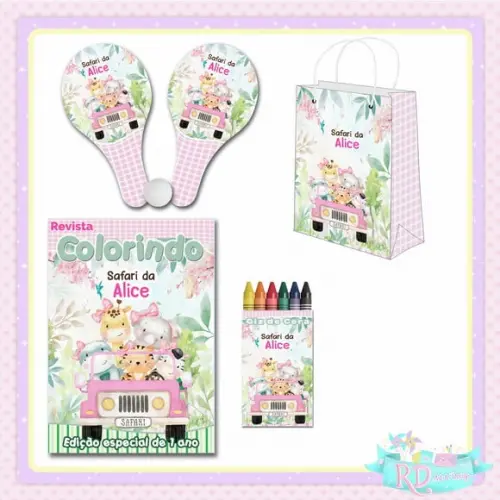 Kit Colorir com Sacolinha e Raquete Safari Rosa