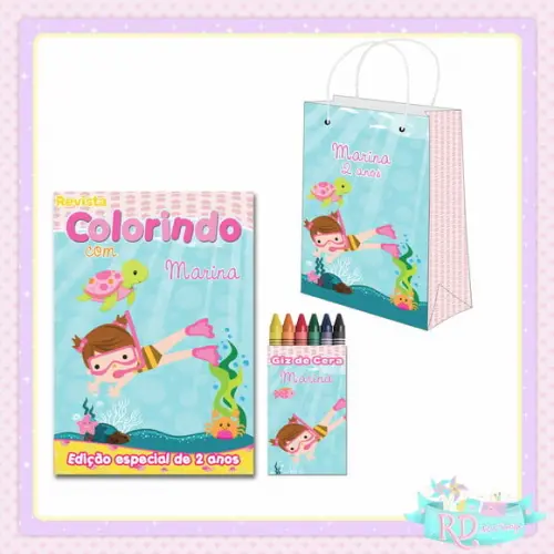 Kit Colorir com Sacolinha Fundo do Mar Rosa