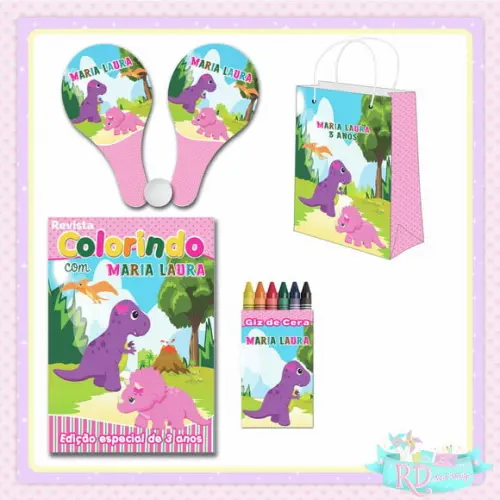 Kit Colorir com Sacolinha Raquete Dinossauro Rosa Cute