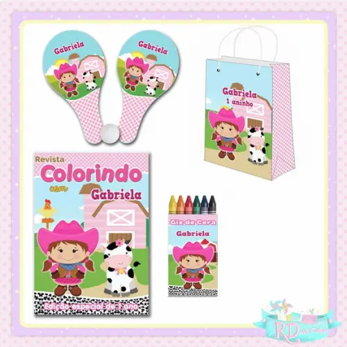 Kit Colorir com Sacolinha Raquete Fazendinha Rosa