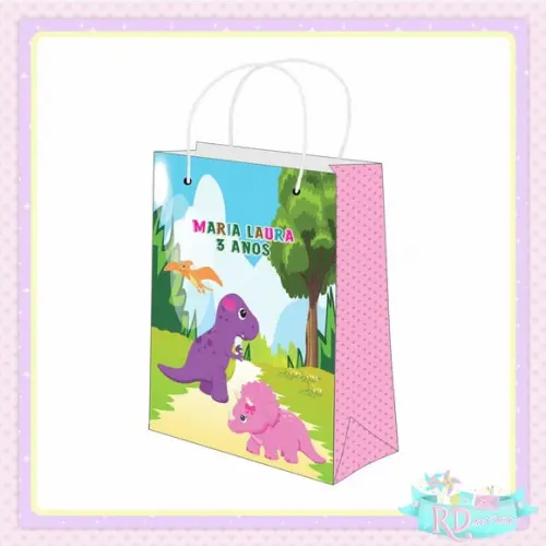 Sacolinha Personalizada Dinossauro Rosa Cute