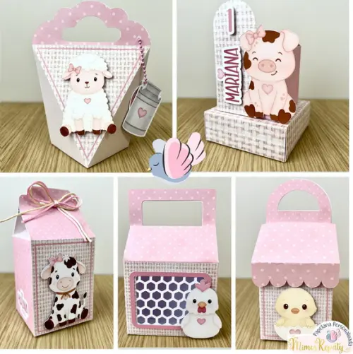 Personalizados - Caixinhas - Fazendinha Rosa - 10 Itens