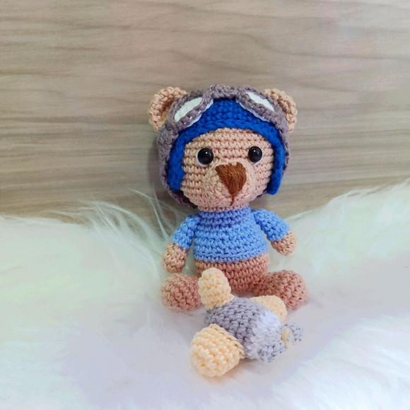 Ursinho Aviador Amigurumi com Mini Aviãozinho