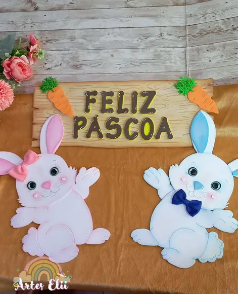 Coelhos Apliques em Eva Feliz Páscoa.