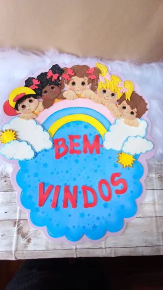 Placa de Bem Vindos Arco Íris em Eva.