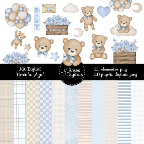 Kit Digital Ursinho Azul Floral