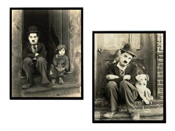 Dupla de Quadros Chaplin o Garoto e Vida de Cachorro (sépia)