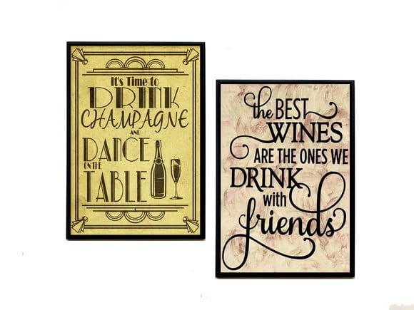 Dupla de Quadros Frase Vinho e Champagne