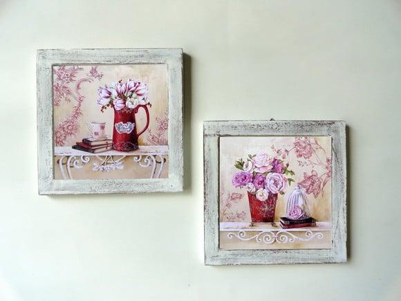 Dupla de Quadros Flores Rosas e Brancas