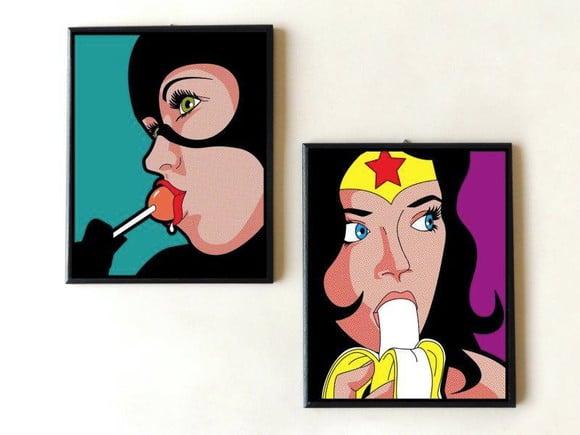 Dupla de Quadros Mulher Gato e Mulher Maravilha Pop Art