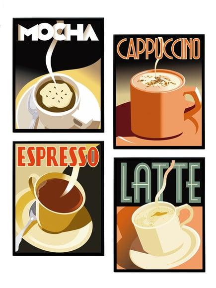 Jogo de quadros Café Expresso Capuccino Mocha e Latte