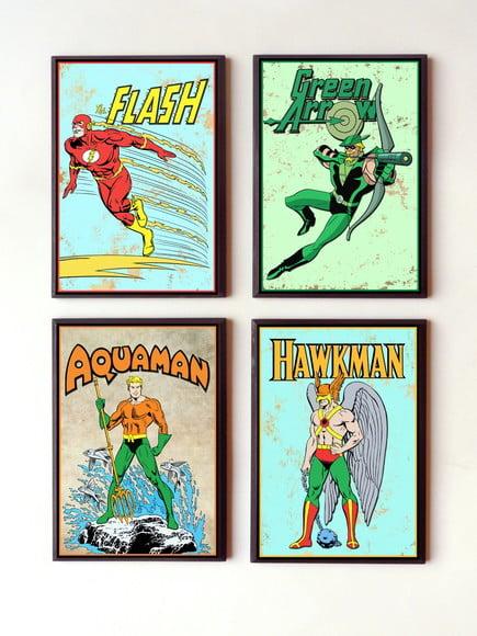 Jogo de quadros Heróis vintage DC