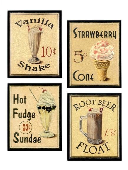 Jogo de quadros vintage sorvetes e milk shake