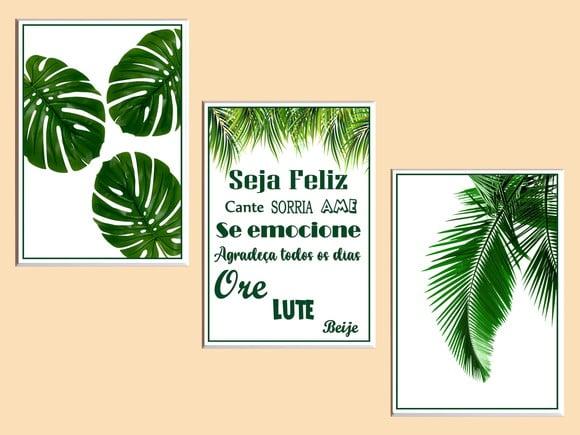 Kit de Quadros com Frase e Folhagens