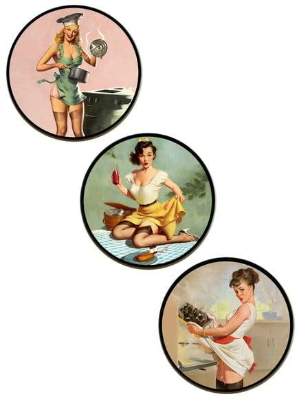 Trio de Placas Redondas Pinups Cozinha e Picnic