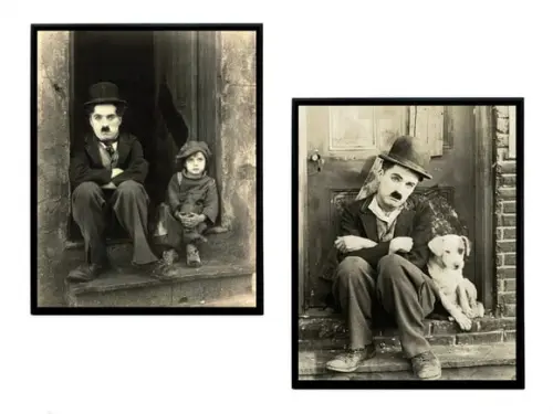 Dupla de Quadros Chaplin o Garoto e Vida de Cachorro (sépia)