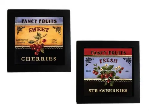 Dupla de quadros Frutas Vintage Cereja e Morango