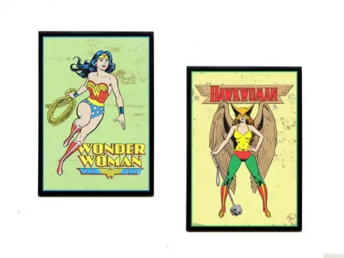 Dupla de quadros Heróis DC Mulher Maravilha e Mulher Gavião