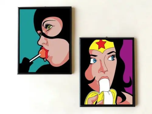 Dupla de Quadros Mulher Gato e Mulher Maravilha Pop Art