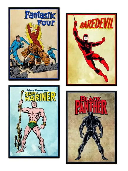 Jogo De Quadros Heróis Vintage Marvel