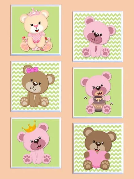 Jogo de Quadros Ursinhas Princesas (Chevron)