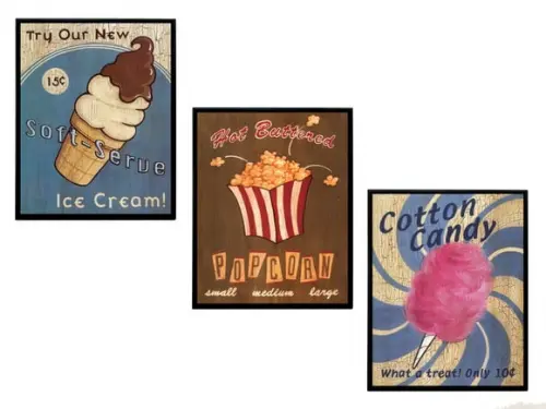 Kit de Quadros Vintage Sorvete, Pipoca e Algodão Doce