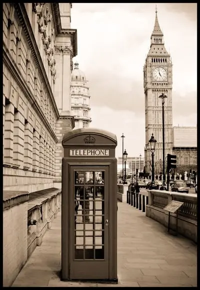 Placa Decorativa Londres Sépia Cabine Telefonica