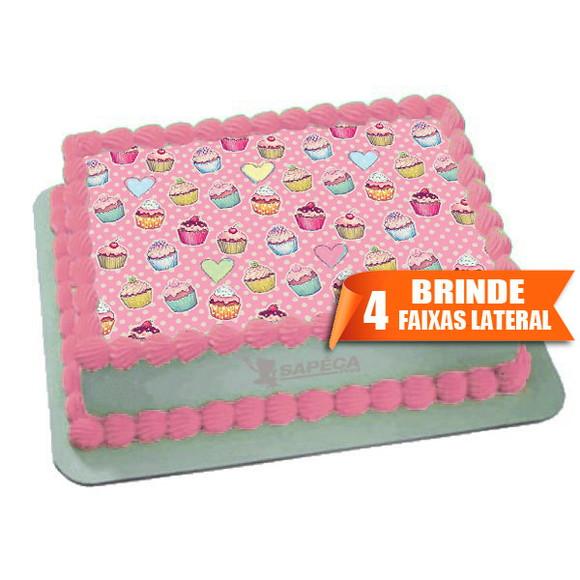 Papel arroz Cupcake estampa Rosa + Brinde Faixas Laterais