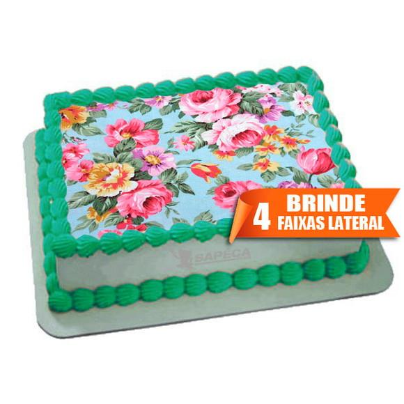 Papel arroz Floral Flores Fundo Azul + Brinde Faixas Lateral
