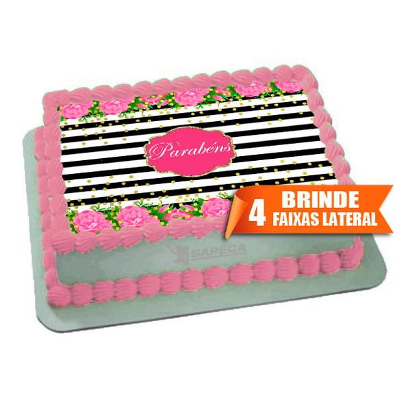Papel arroz Floral Listras Parabéns + Brinde Faixas Laterais