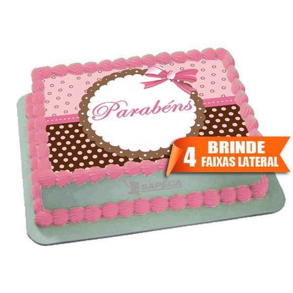 Papel arroz Parabéns Poa Rosa + Brinde Faixas Laterais