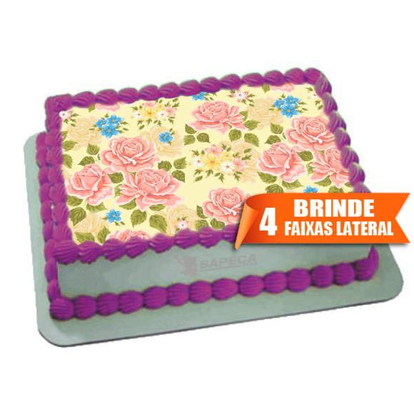 Papel arroz Rosas Fundo amarelo + Brinde Faixas Laterais