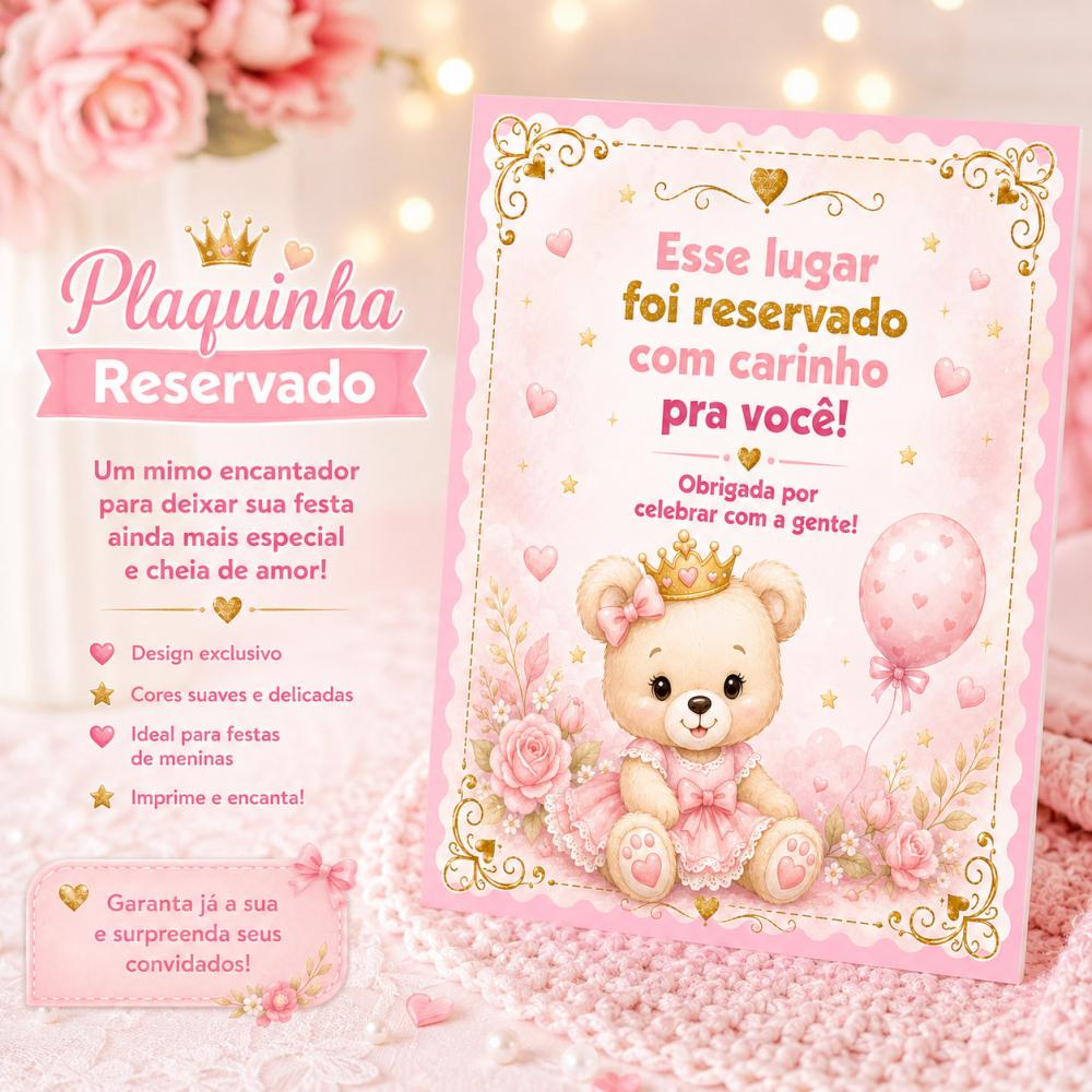 Plaquinha de Mesa  Reservado Ursinha Rosa Chá de Bebê e Anivers