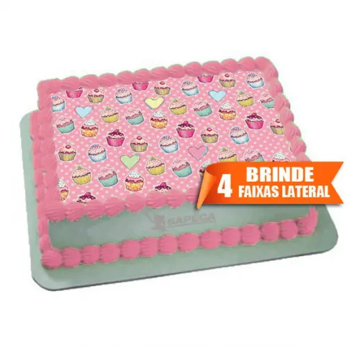 Papel arroz Cupcake estampa Rosa + Brinde Faixas Laterais
