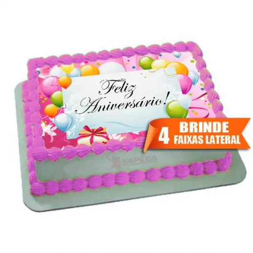 Papel arroz Feliz Aniversario Rosa + Brinde Faixas Laterais